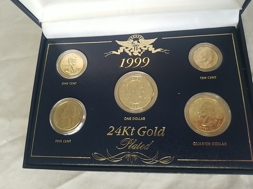24k Gold Plated 1999 Coin Proof Set w/ Documents - $1, .25, .10, .05, .01 - Picture 3 of 20