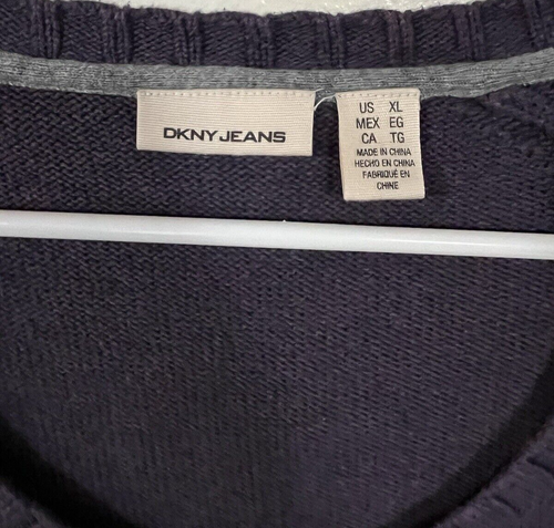 DKNY Jeans Purple V-Neck Knit Sweater Women's Size XL Petite Y2K Logo Fitted - Picture 3 of 11