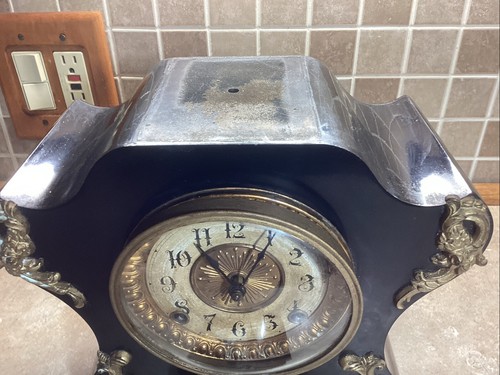 Antico orologio da mensola in ferro Ansonia. Carillon alto 11", all'ora + 1/2 ora di lavoro - Foto 11 di 11