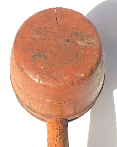 Antique Old 1800s Wood Hammer Barrel Mallet Primitive Orange Paint Early Repair - Picture 6 of 12