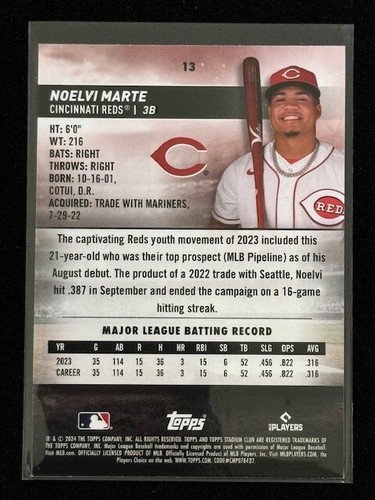 2024 Topps Stadium Club - Red Foil #13 Noelvi Marte (RC) REDS - Bild 4 von 4
