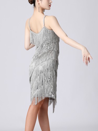 Damen Salsa Latein Tanzkleid Pailletten Quaste Fransen Flapper Kleid Tango Ballsaal - Bild 224 von 414