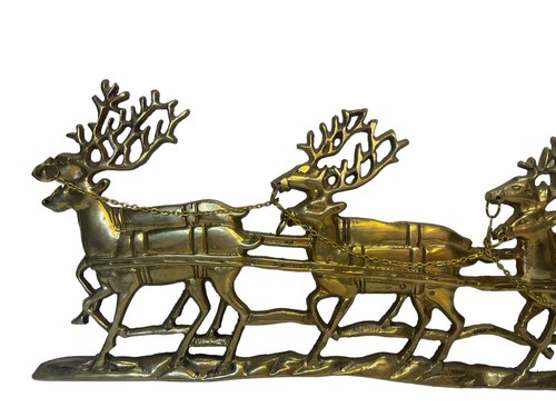 Slitta renna Babbo Natale in ottone massiccio 20" vintage da appendere a parete natalizia - India - Foto 5 di 11