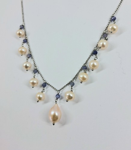 Collana in argento 925 con perle di acqua dolce e tanzanite naturale sfaccettata - Foto 2 di 6
