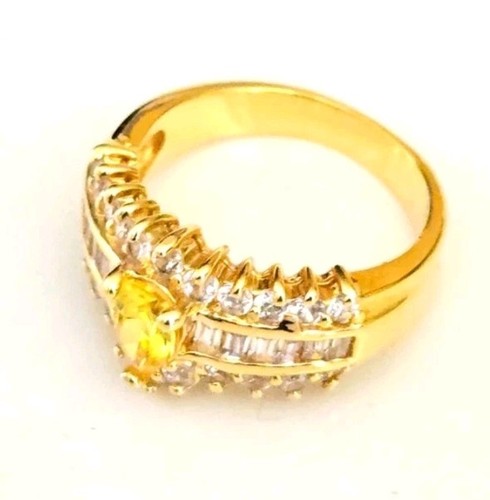 Gold Tone Pear Citrine CZ Ring Baguette & Round Stones Cocktail Statement Size 7 - Picture 3 of 6