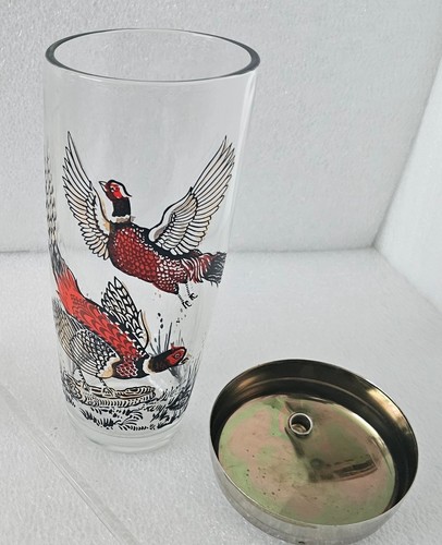 Hazel Atlas Glass Cocktail Shaker Glass with Metal Lid Pheasant Vintage 8.5 tall - Picture 4 of 8