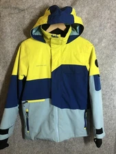 Obermeyer Jacket Youth Medium Yellow Blue Colorblock Hooded Ski Snowboard