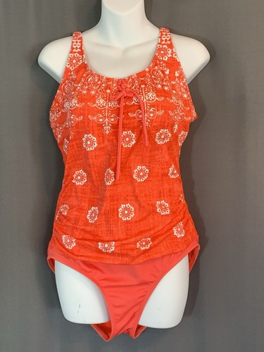 Jantzen One Piece Swimsuit Adjustable Straps Ruched Lace-up Large? Orange Floral - Picture 1 of 18