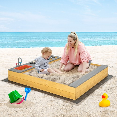 HONEY JOY Wooden Sandbox Kids Sand Pit Gift w/Kitchen Playset Accessories for 3+ - Picture 10 of 10