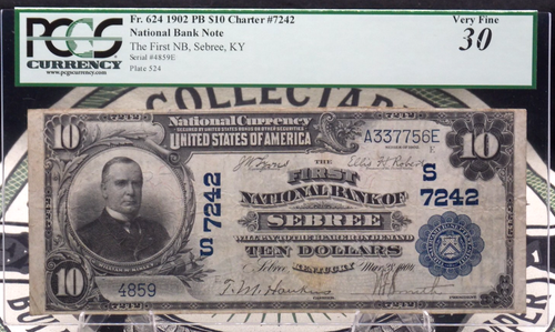 1902 $10 National Bank Note *SEBREE* KY Fr#624 PCGS VF30 CH#7242 Plain Back - Picture 1 of 8
