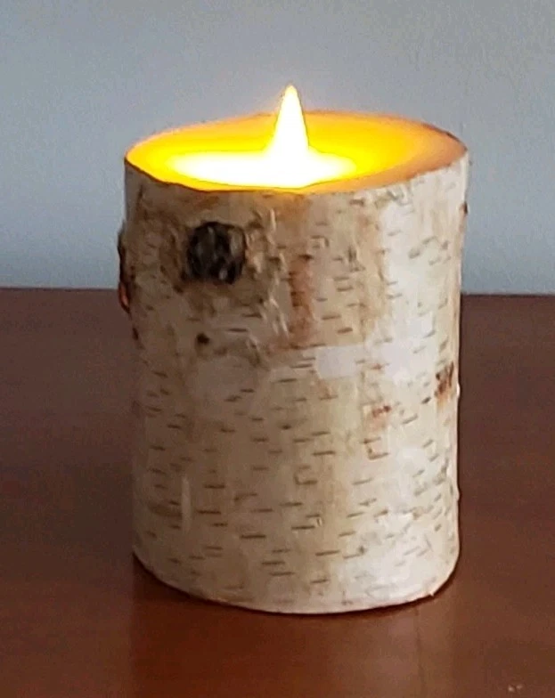 Luminara Vela Pilar Llama Móvil Sin Llama Corteza de Abedul Real LED Temporizador de Batería Foto 2 de 4