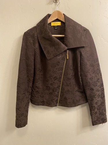St. John Yellow Label Size 2 XS Brown Jacquard Asymmetric Zip Jacket Blazer - Picture 1 of 22