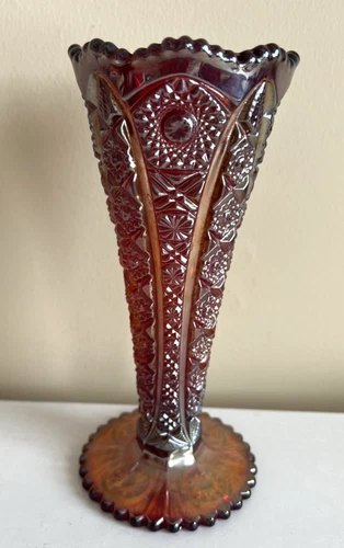 Vintage 8" IMPERIAL Carnival Glass VASE Daisy Button Pattern SUNSET RUBY Color