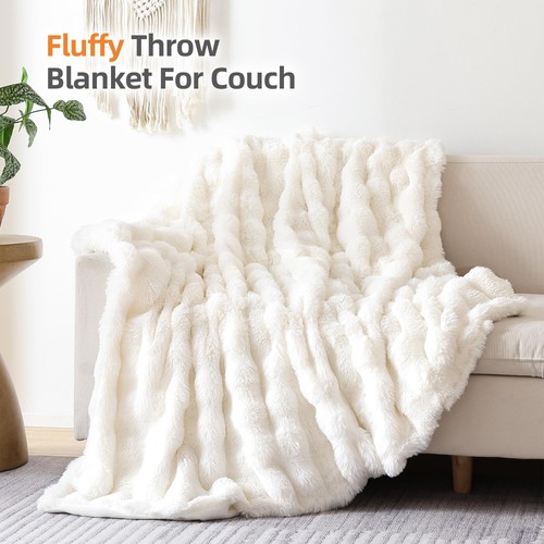 Smoofy Faux Fur Throw Blanket for Couch – Cream White Fluffy Cozy Rabbit Flee... - Picture 3 of 7