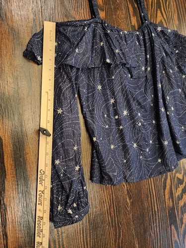 Anthropologie Floret Womens Small Navy Blue Cold Shoulder Metallic Stars Blouse - Imagen 6 de 10