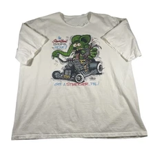 Vtg Y2K Rat Fink T Shirt Fits 2XL 2002 Heartbeat Graphic Flaws Ed Roth White