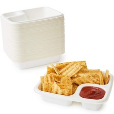 Leak-Free Compostable Bagasse Nacho Trays 50 Pk. Large 2 Compartment Microwav...