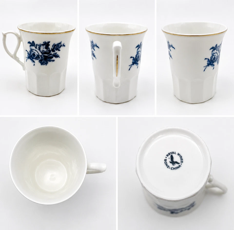 ☕🌹 Tasse en Porcelaine Royal Wings Bone China – Décor Floral Bleu & Liseré Or - Photo 2/2