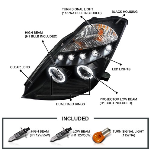 Black Fits 2003-2005 350Z LED Halo Projector Headlights Lamp Left+Right 03 04 05 - Picture 3 of 13