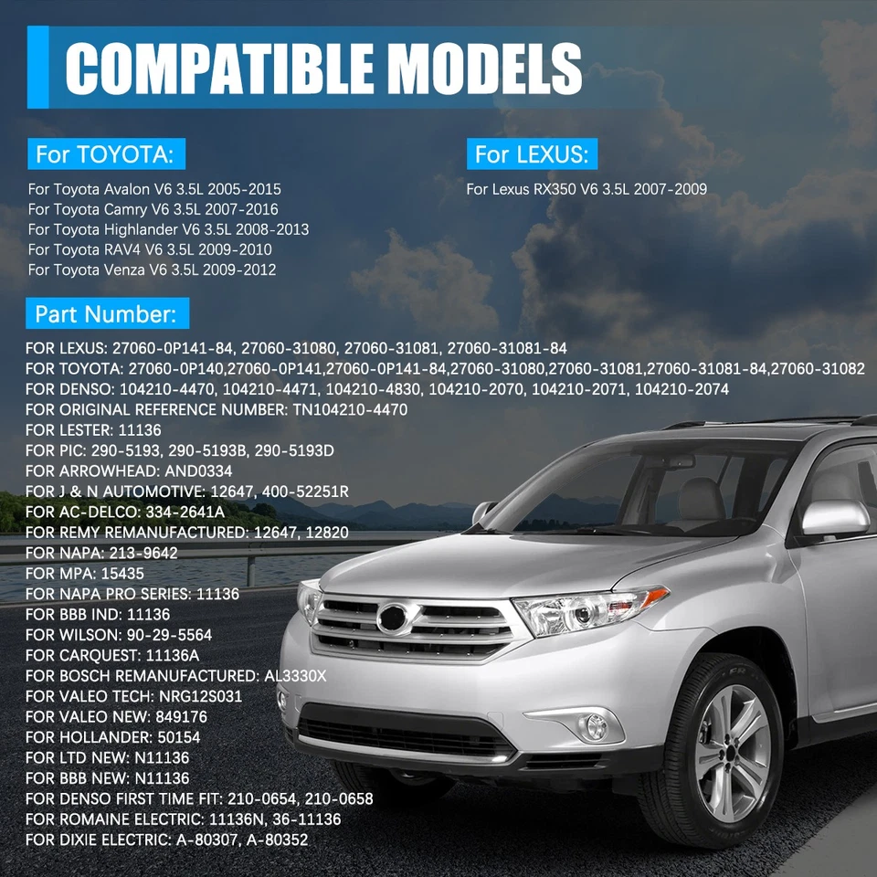 Alternador para 2007 2008 2009 Lexus RX350 2009 2010 Toyota RAV4 3,5 L 11136 100A Foto 2 de 4