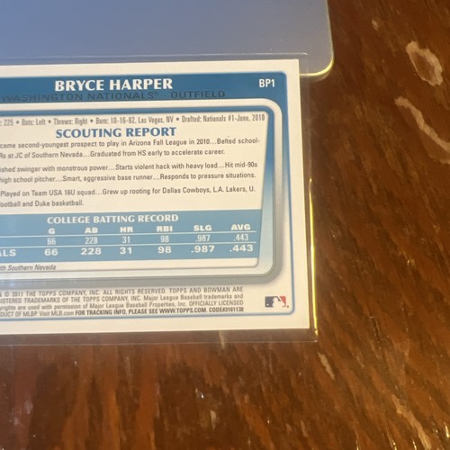 Bryce Harper 2011 Bowman Prospects Rookie RC #BP1 Nationals Phillies NM-MT - Picture 5 of 6