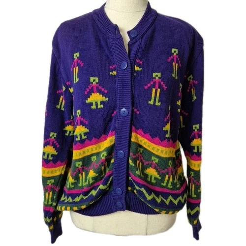 Vintage United Colors of Benetton Knit Cardigan Womens Size 46/14 Purple 80s
