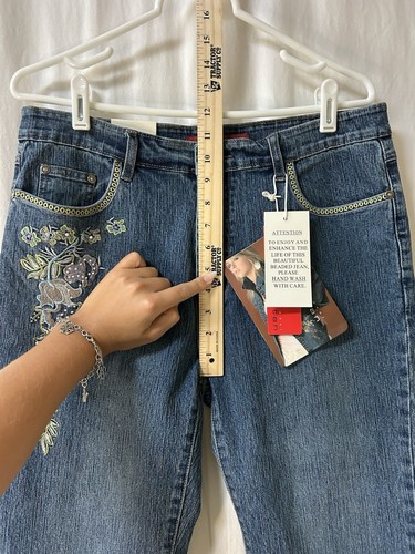 Vintage Damen 12 kosmopolitische Perlen Jeans Caprihosen neu mit Etikett Y2K grün Blumenstickerei - Bild 8 von 10