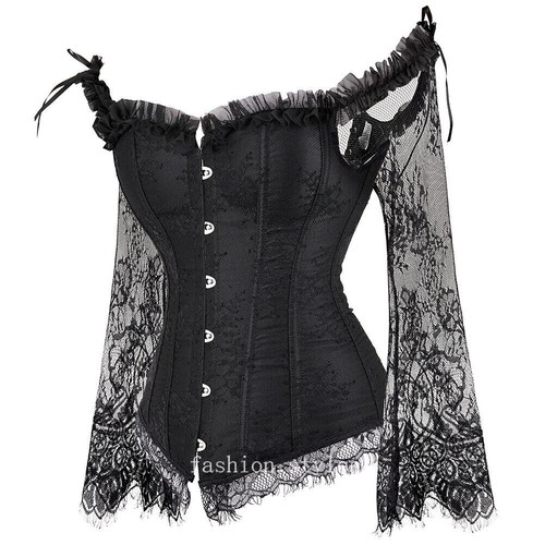 Lace Long Sleeves Waist Bustier Top Gothic Overbust Corset Shoulder Corselet - Picture 4 of 12