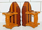 TWO TONE BANDED WOODEN PAIR OF BOOK ENDS IN THE FORM OF OLD FLAT IRONS c1970's