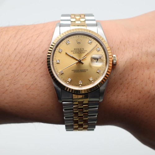 Montre pour homme Rolex Datejust 36 mm or jaune 18 carats acier champagne cadran diamant 16233 - Photo 8 sur 8
