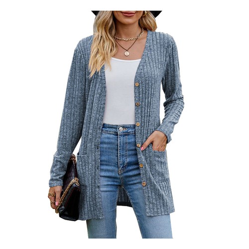 Womens Cardigan Long Sleeve Open Front Draped Sweater Button-Down Basic Cardigan - Picture 19 of 32