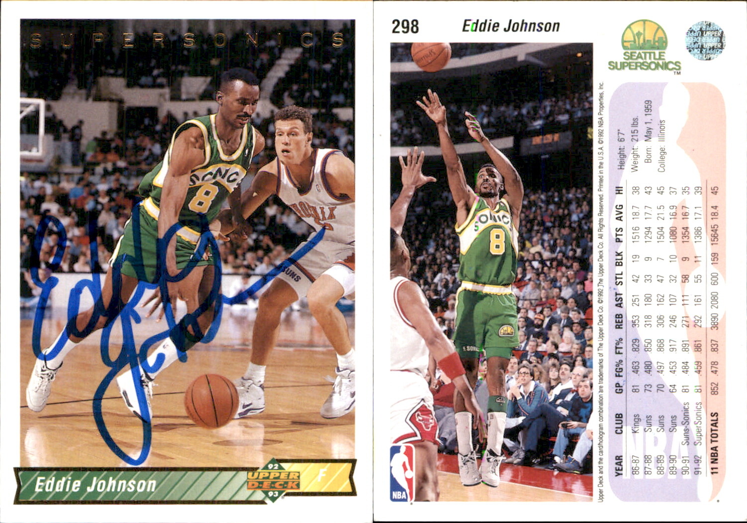 Eddie Johnson Signed 1992-93 Upper Deck #298a Card Seattle SuperSonics Auto AU