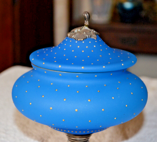 Antique MOSER Gold Enamel dot, Blue Glass Footed Compote w/ Lid 9"x7" - Picture 2 of 9