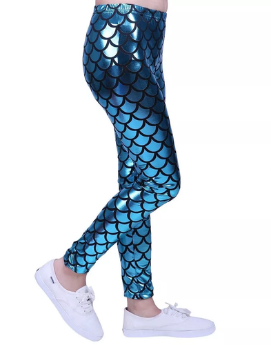 KIDS MERMAID FISH SCALE METALLIC HOLOGRAPHIC GEOMETRIC STRETCH LEGGINGS PANTS - Picture 22 of 28