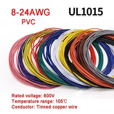 8AWG To 24AWG PVC Electronic Wire Cable UL1015 Tinned Copper Stranded Wiring