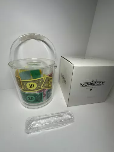 SUPER RARE DEPARTMENT 56 MONOPOLY ICE BUCKET WITH TONGS AND ORIGINAL BOX