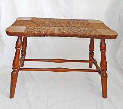 Vintage Wood Stool Rush Seat Bench Country Furniture Primitive Old