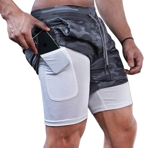 Herren 2 in 1 Laufshorts Running Fitness Kurzhose Sports Shorts mit Handytasche - Bild 20 von 25