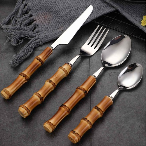The Tableware With Bamboo Handle Steak Cutlery Steel Flatware Spoon Fork Knife - Picture 5 of 17