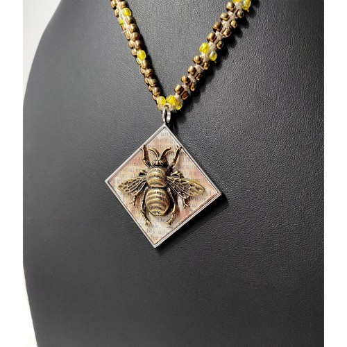 Handmade Artist Bee Pendant Necklace Macramé Beaded Cord Bronze Glass Unique 21" - Picture 4 of 10