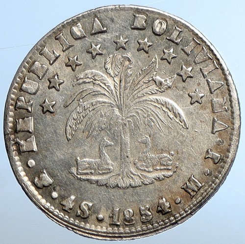 1854 PTS MJ BOLIVIA Large SIMON BOLIVAR Old Antique Silver 4 Sol Coin i111023 - Picture 2 of 3