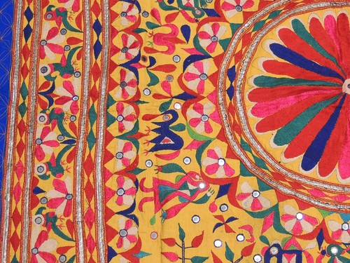 Banjara Floral Embroidery Wall Tapestry - Yellow Vintage Ethnic Decor 68"x64" - Picture 6 of 6