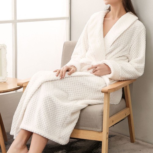 Women's Fleece Robe Long Sleeve V Neck Fuzzy Warm Calf Length Belted Bathrobe - Picture 22 of 38