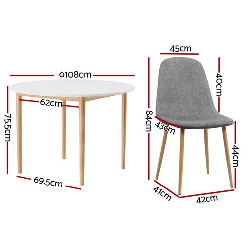 Artiss 5 Piece Dining Set White Round Table 4 Grey Fabric Chairs Modern Kitchen - Picture 7 of 8