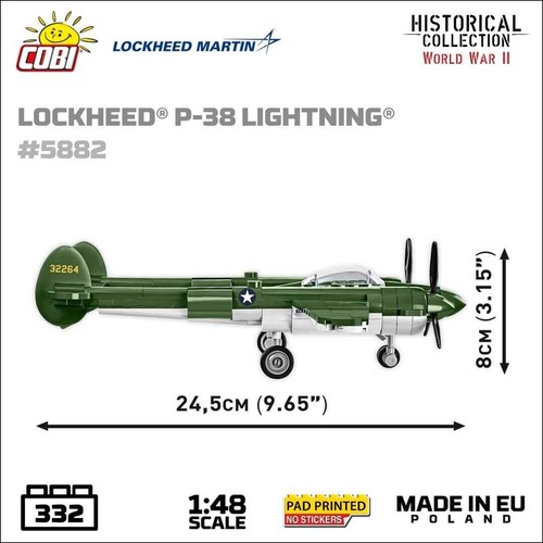 Modelo de ladrillo plano Lockheed P-38 Lightning - COBI 5882 - 332 ladrillos - Imagen 6 de 8