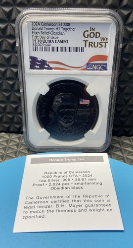 DONALD TRUMP 2024 CAMEROON PROOF SILVER OBSIDIAN NGC PF70 HR Ultra Cameo - Picture 4 of 5