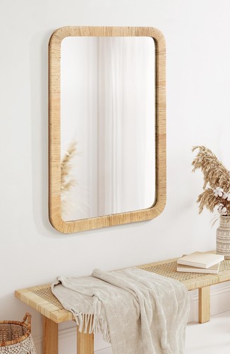 Rahfy Boho Rectangle Rattan Wall Mirror 24 x 36 Natural Wood Decorative Round... - Picture 3 of 9