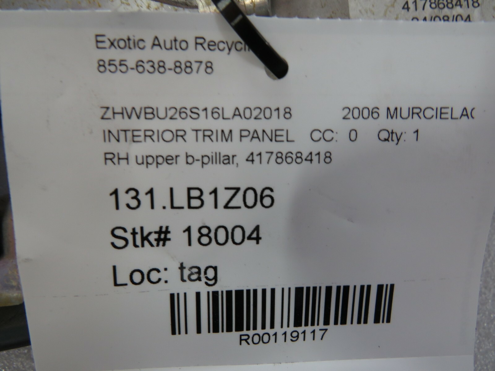 Lamborghini Murcielago, RH, Right Upper B-Pillar Trim Panel, Used P/N 417868418