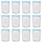 12x 380ml Glass Jam Jars with Blue Gingham Lids Chutney Preserve Honey Storage