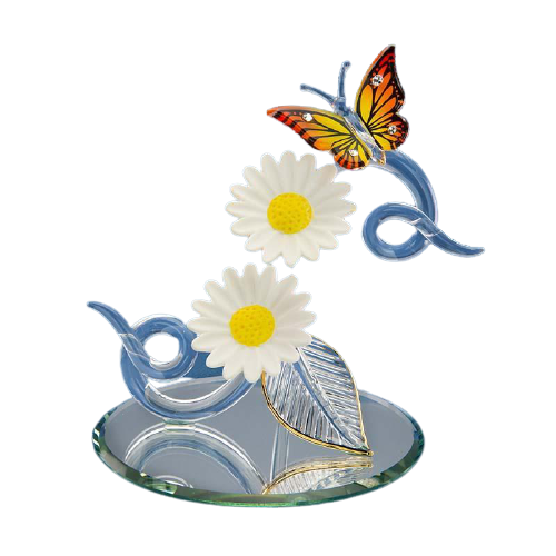 Glass Butterfly on Double Daisy Figurine with Crystals & Gold Accents - Picture 1 of 3